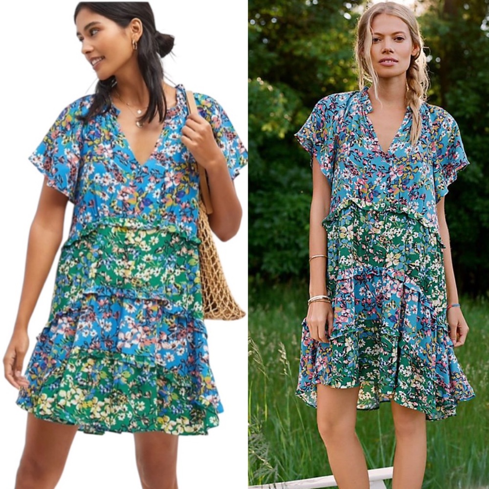 Anthropologie Robin Floral Print Tiered Ruffle Flutter Sleeve Mini Dress - S